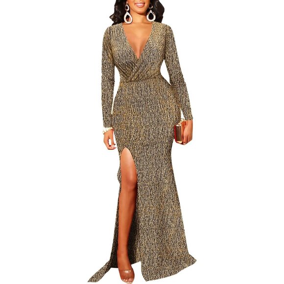 Women's Sequin Maxi Dress Long Sleeve V Neck High Slit Formal Gown - Picture 1 of 7